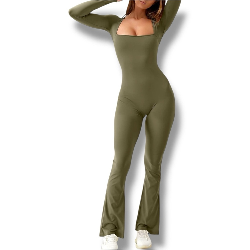 Qinsen Chic Olive Green Square Neck Flared Leg Long Sleeve Bodycon Jumpsuit - Picture 3 of 16